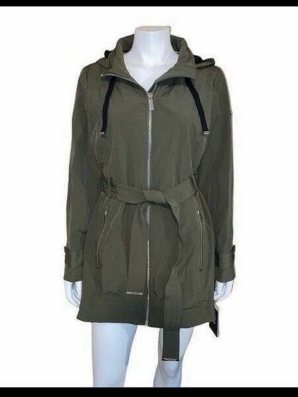 DKNY Olive Green Hooded Belted Trench Coat